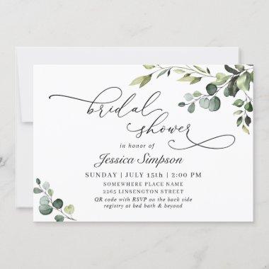 Elegant Eucalyptus Watercolor Floral Bridal Shower Invitations