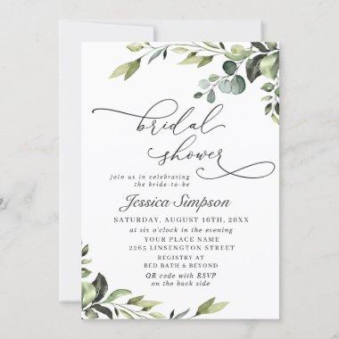 Elegant Eucalyptus Watercolor Floral Bridal Shower Invitations