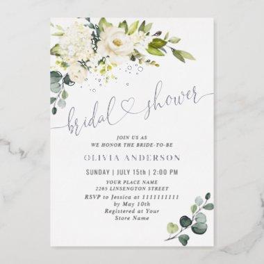Elegant Eucalyptus White Rose Bridal Shower Silver Foil Invitations