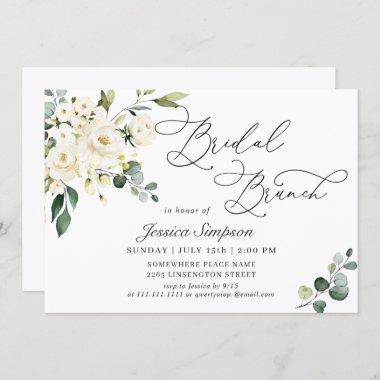 Elegant Eucalyptus White Roses Bridal Brunch Invitations