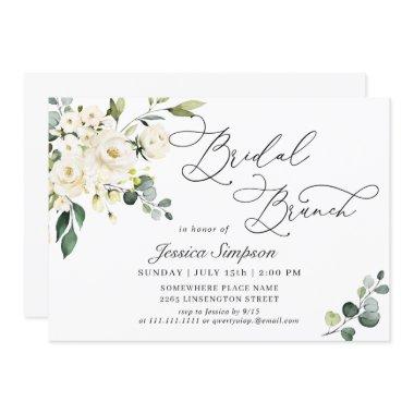 Elegant Eucalyptus White Roses Bridal Brunch Invitations