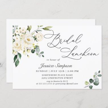 Elegant Eucalyptus White Roses Bridal Luncheon Invitations