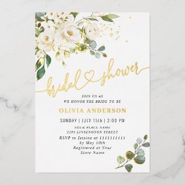 Elegant Eucalyptus White Roses  Gold Foil