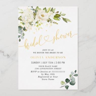 Elegant Eucalyptus White Roses Bridal Shower Gold Foil Invitations