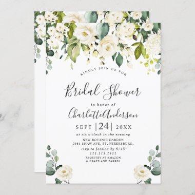 Elegant Eucalyptus White Roses Bridal Shower Invitations