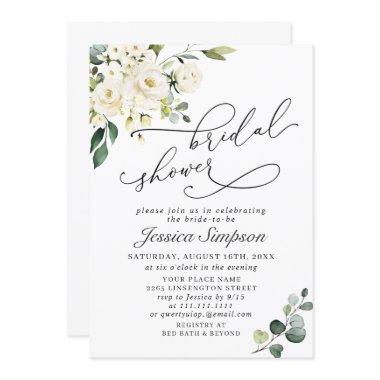 Elegant Eucalyptus White Roses Bridal Shower Invitations