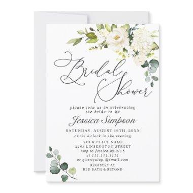 Elegant Eucalyptus White Roses Bridal Shower Invitations