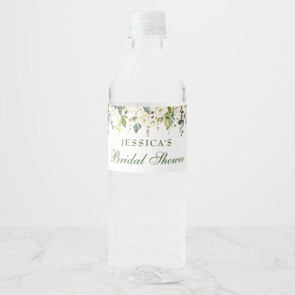 Elegant Eucalyptus White Roses Bridal Shower Water Bottle Label