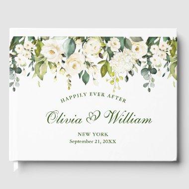 Elegant Eucalyptus White Roses Floral Wedding Guest Book