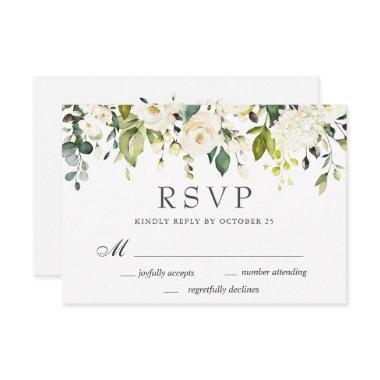 Elegant Eucalyptus White Roses Floral Wedding RSVP Card