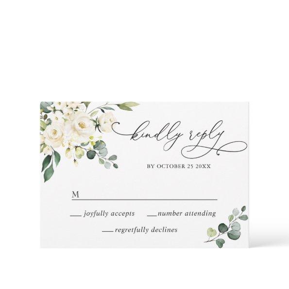 Elegant Eucalyptus White Roses Floral Wedding RSVP Card
