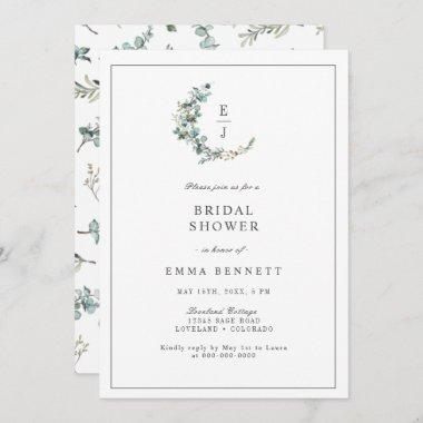 Elegant Eucalyptus Wreath Monogram Bridal Shower Invitations