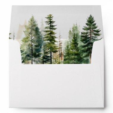 Elegant evergreen pin trees wedding envelope