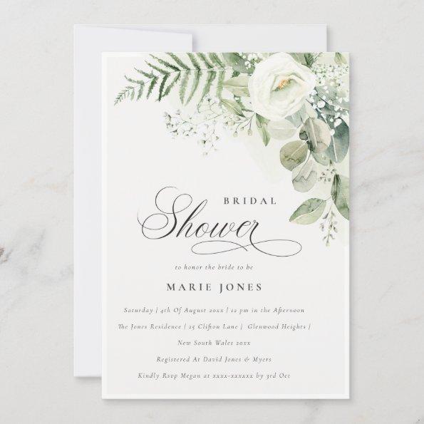 Elegant Fern Greenery White Floral Bridal Shower Invitations