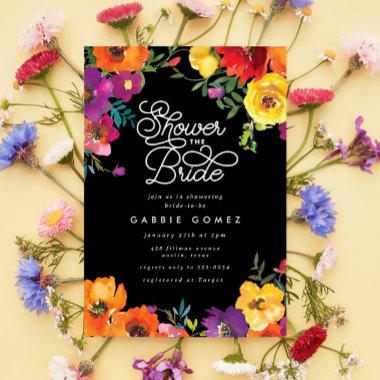Elegant Fiesta Colorful Floral Black Bridal Shower Invitations