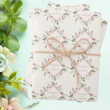 Elegant Floral Blush Pink Peony Monogram Wedding Wrapping Paper Sheets