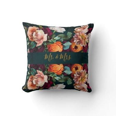 Elegant Floral Botanical Rustic Mr. & Mrs. Wedding Throw Pillow
