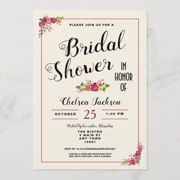 Elegant Floral Bridal Shower Cream Invitations