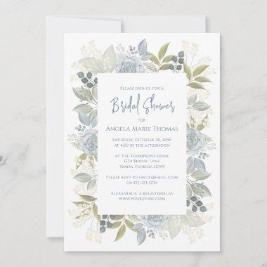 Elegant Floral Bridal Shower Dusty Blue Roses Invitations