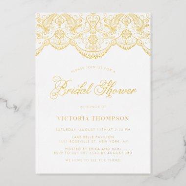 Elegant Floral Brocade Lace Bridal Shower Foil Invitations