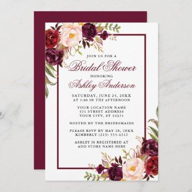 Elegant Floral Burgundy Bridal Shower Invitations