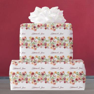 Elegant Floral Burgundy Red Monogram Wedding Wrapping Paper