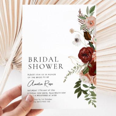 Elegant Floral Burgundy Script Bridal Shower Invitations