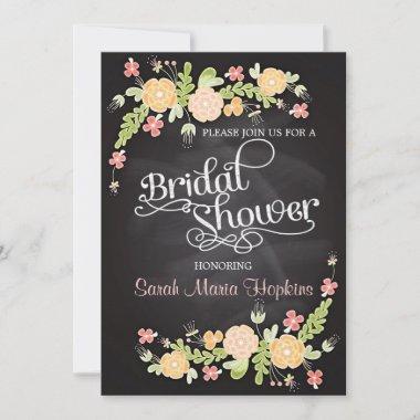 Elegant Floral Chalkboard Modern Bridal Shower Invitations