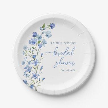 Elegant Floral Dusty Blue Bridal Shower Paper Plates