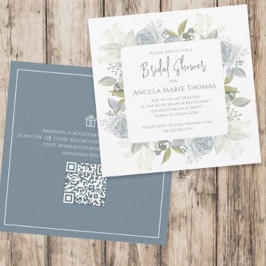 Elegant Floral Dusty Blue Bridal Shower QR Code Invitations