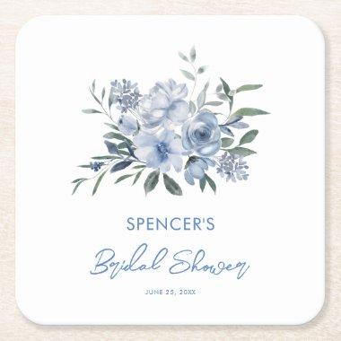 Elegant Floral Dusty Blue  Square Paper Coaster