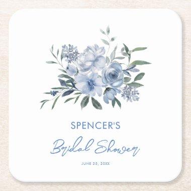 Elegant Floral Dusty Blue Bridal Shower Square Paper Coaster