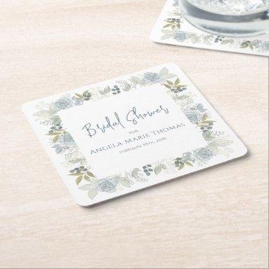 Elegant Floral Dusty Blue Rose Bridal Shower Square Paper Coaster