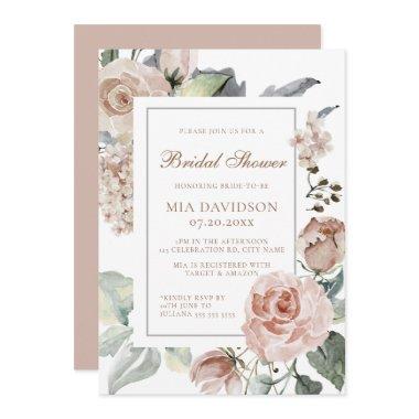 Elegant Floral Dusty Pink Bridal Shower Invitations