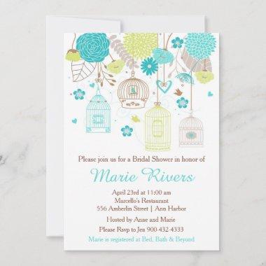Elegant Floral Green and Blue Bridal Shower Invitations