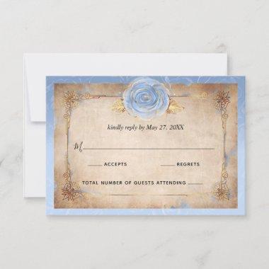 Elegant Floral Light Blue Rose Gold Rustic Wedding RSVP Card
