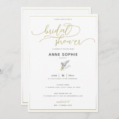 Elegant Floral Lily Gold Calligraphy Bridal Shower Invitations