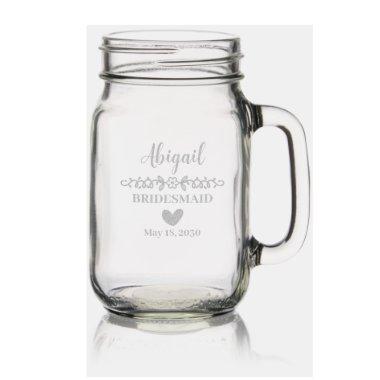 Elegant Floral Minimalist Script Bridesmaid Name Mason Jar W/ Handle