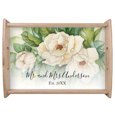 Elegant Floral Mr Mrs White Magnolia Flowers Name Serving Tray