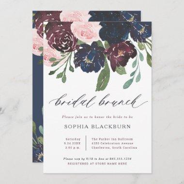 Elegant Floral | Navy Blue and Plum Bridal Brunch Invitations