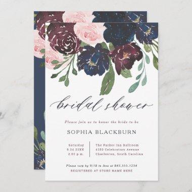 Elegant Floral | Navy Blue and Plum Bridal Shower Invitations