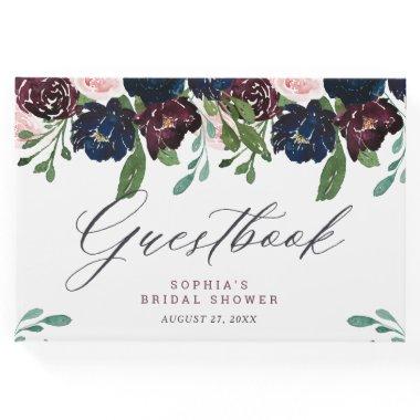 Elegant Floral Navy Blue and Plum | Wedding Guest Book