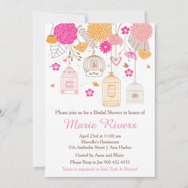 Elegant Floral Orange and Pink Bridal Shower Invitations
