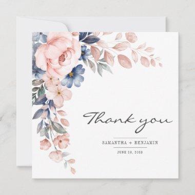 Elegant Floral Pink Blue Watercolor Wedding Thank You Invitations