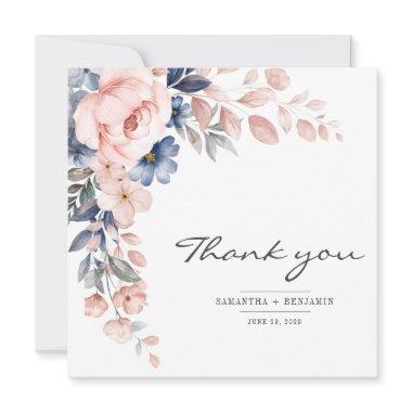 Elegant Floral Pink Blue Watercolor Wedding Thank You