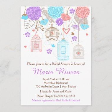 Elegant Floral Purple and Blue Bridal Shower Invitations