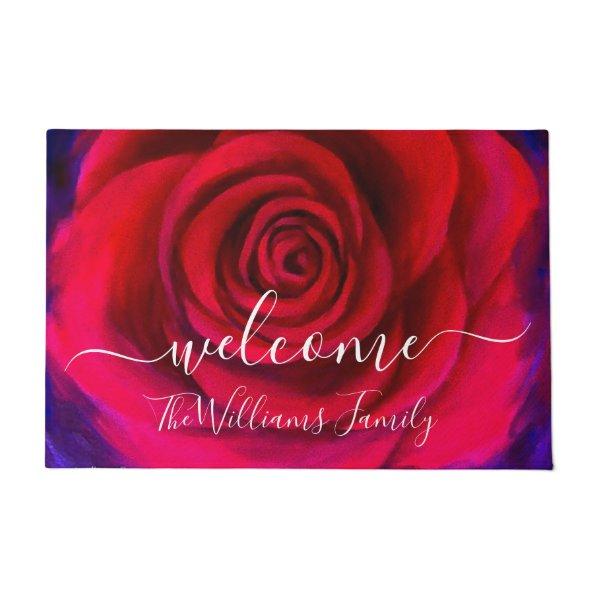 Elegant Floral Red Blush Pink Rose Name Welcome Doormat