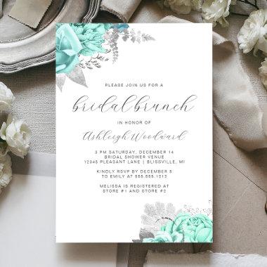Elegant Floral Script Aqua Silver Bridal Brunch Invitations