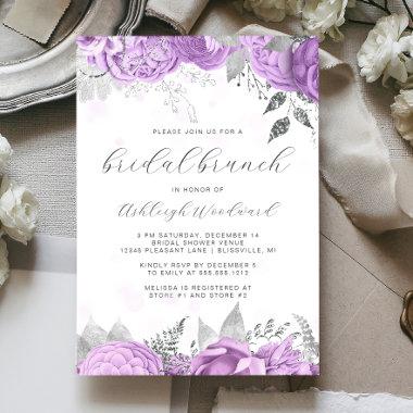 Elegant Floral Script Lilac Silver Bridal Brunch Invitations