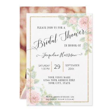 Elegant Floral Script Pink n Gold Bridal Shower Invitations